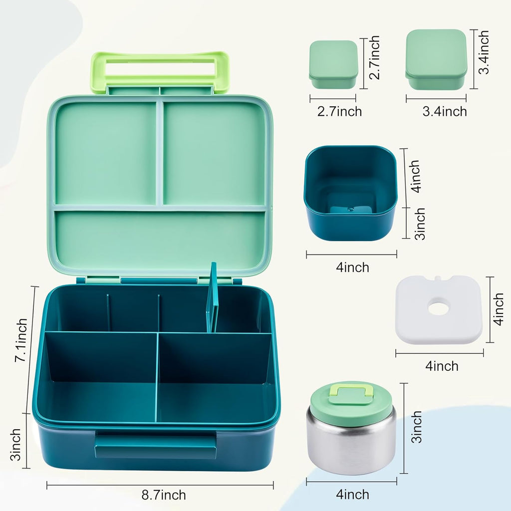 Bento Lunch Box for Kids with 8oz Soup Thermo Leak-Proof Lunch Food Containers with Snack Sauce Container for Kid Girls Boys to School, Green