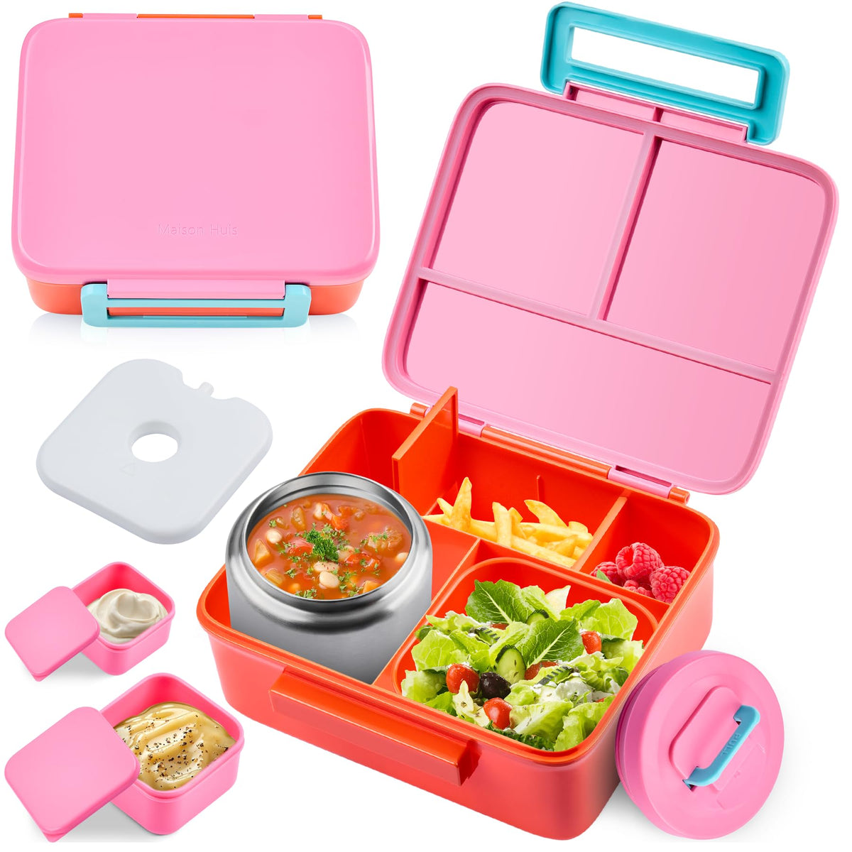 Bento Lunch Box for Kids with 8oz Soup Thermo Leak-Proof Lunch Food Containers with Snack Sauce Container for Kid Girls Boys to School, Green