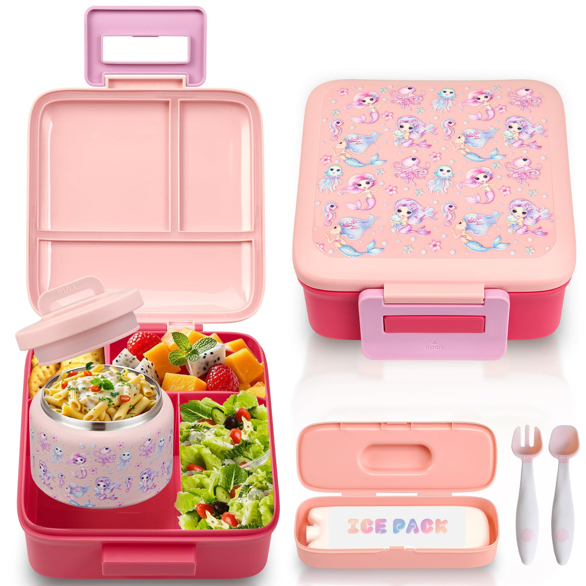 Bento Lunch Box for Kids with 8oz Soup Thermo Leak-Proof Lunch Food Containers with Snack Sauce Container for Kid Girls Boys to School, Green