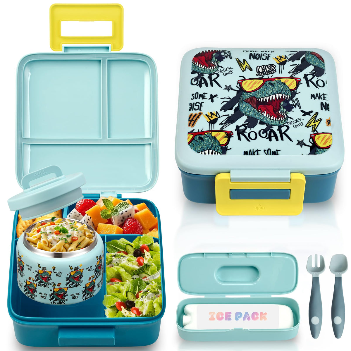 Bento Lunch Box for Kids with 8oz Soup Thermo Leak-Proof Lunch Food Containers with Snack Sauce Container for Kid Girls Boys to School, Green