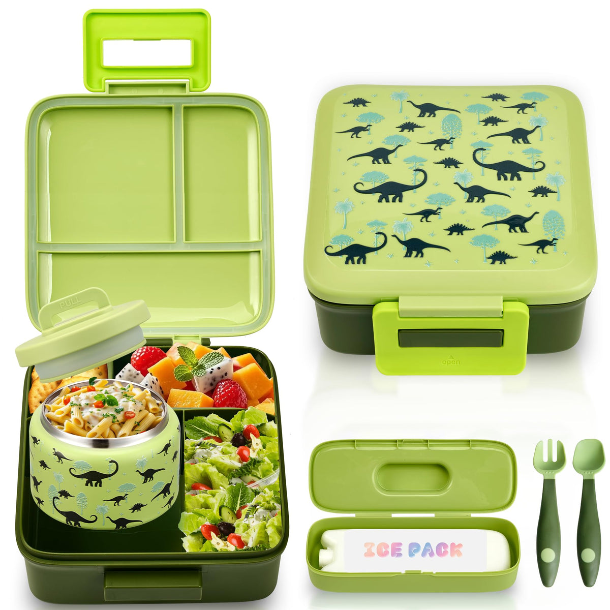 Bento Lunch Box for Kids with 8oz Soup Thermo Leak-Proof Lunch Food Containers with Snack Sauce Container for Kid Girls Boys to School, Green