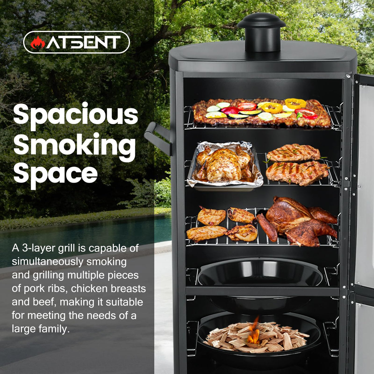 Maison Huis Vertical Propane Gas Smoker with Cover, Outdoor BBQ Smoker Grill with 3 Removable Racks, Wood Chip Box & Water Pan