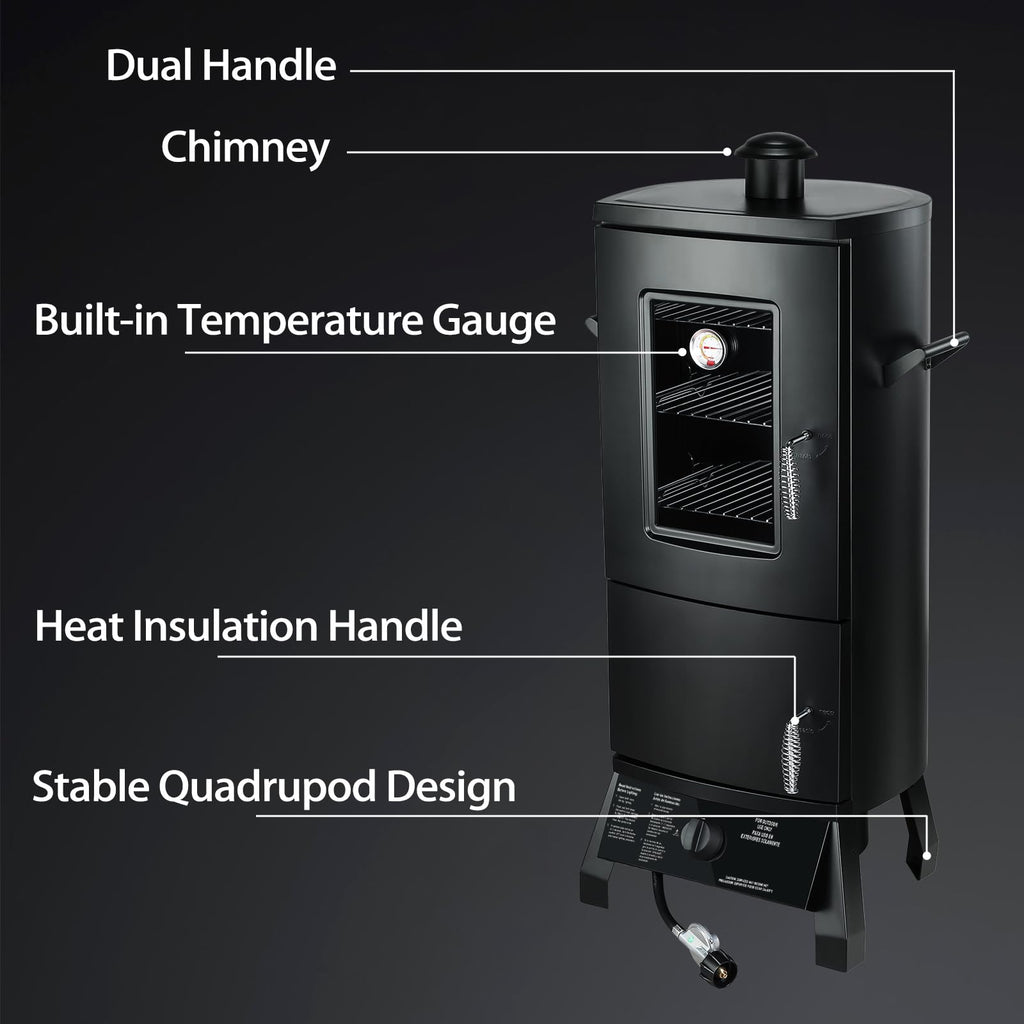 Maison Huis Vertical Propane Gas Smoker with Cover, Outdoor BBQ Smoker Grill with 3 Removable Racks, Wood Chip Box & Water Pan